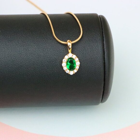 "Emerald Green Oval Pendant with Halo in Gold-Plated Brass Finish, XPPT1813 - Picture 3 of 13